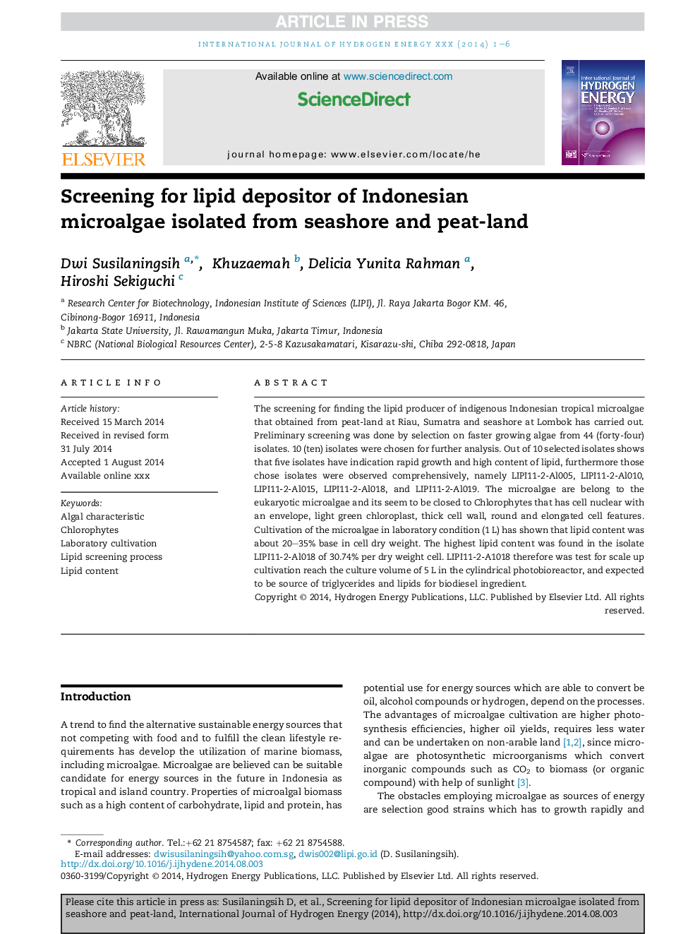 Screening for lipid depositor of Indonesian microalgae isolated from seashore and peat-land