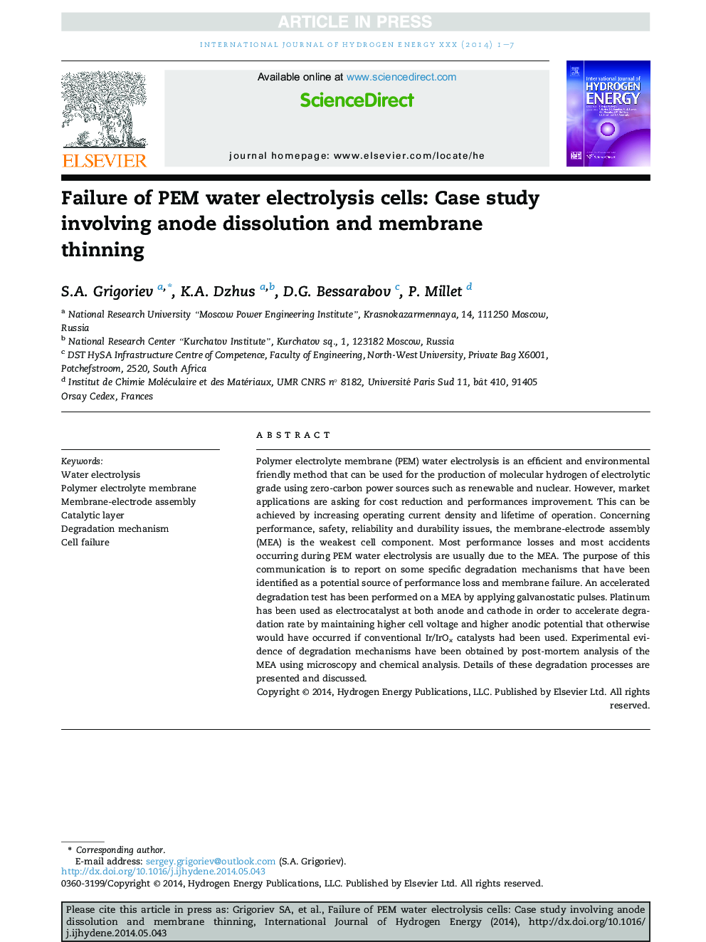 Failure of PEM water electrolysis cells: Case study involving anode dissolution and membrane thinning