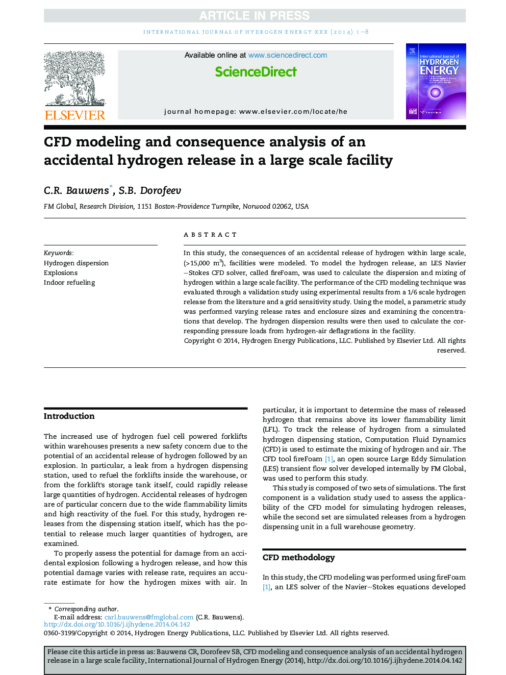 CFD modeling and consequence analysis of an accidental hydrogen release in a large scale facility