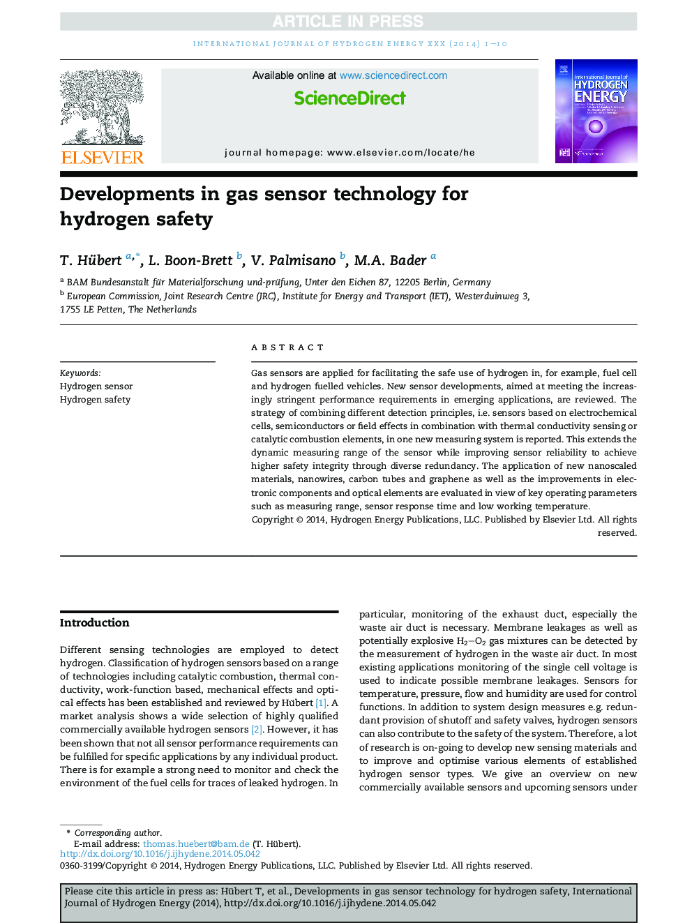 Developments in gas sensor technology for hydrogen safety