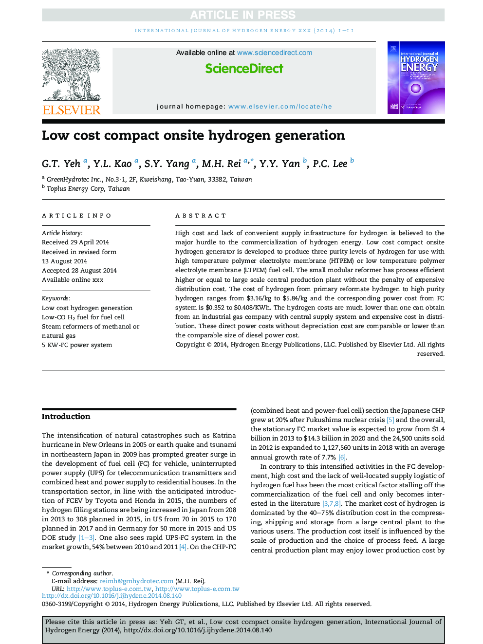 Low cost compact onsite hydrogen generation