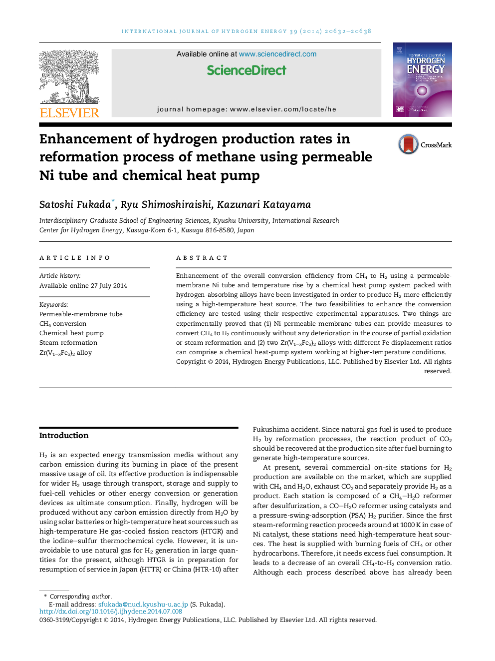 Enhancement of hydrogen production rates in reformation process of methane using permeable Ni tube and chemical heat pump