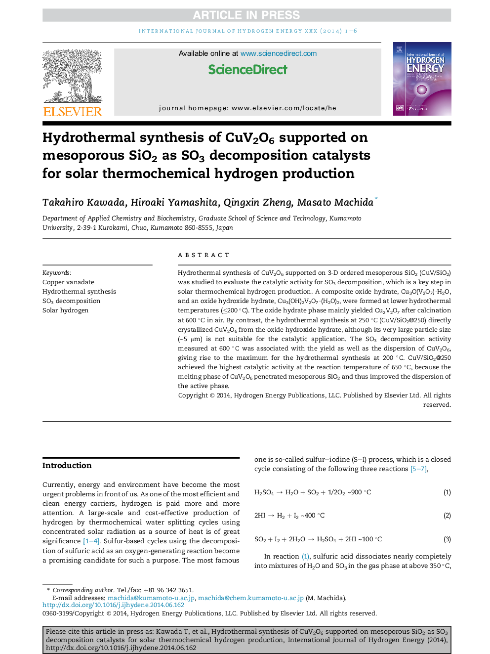 Hydrothermal synthesis of CuV2O6 supported on mesoporous SiO2 as SO3 decomposition catalysts for solar thermochemical hydrogen production