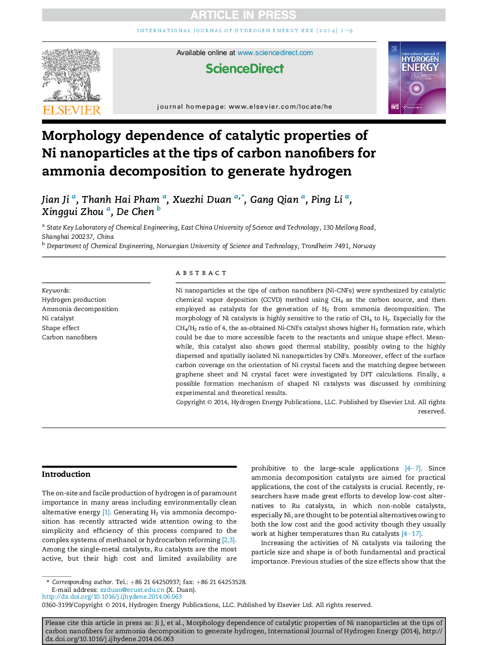 Morphology dependence of catalytic properties of Ni nanoparticles at the tips of carbon nanofibers for ammonia decomposition to generate hydrogen