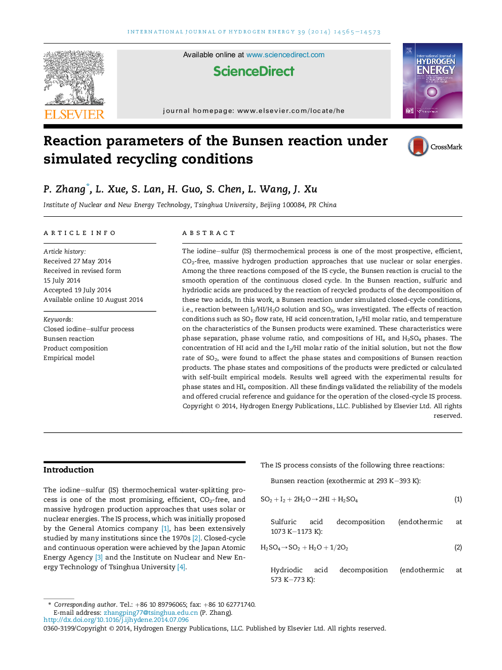 Reaction parameters of the Bunsen reaction under simulated recycling conditions