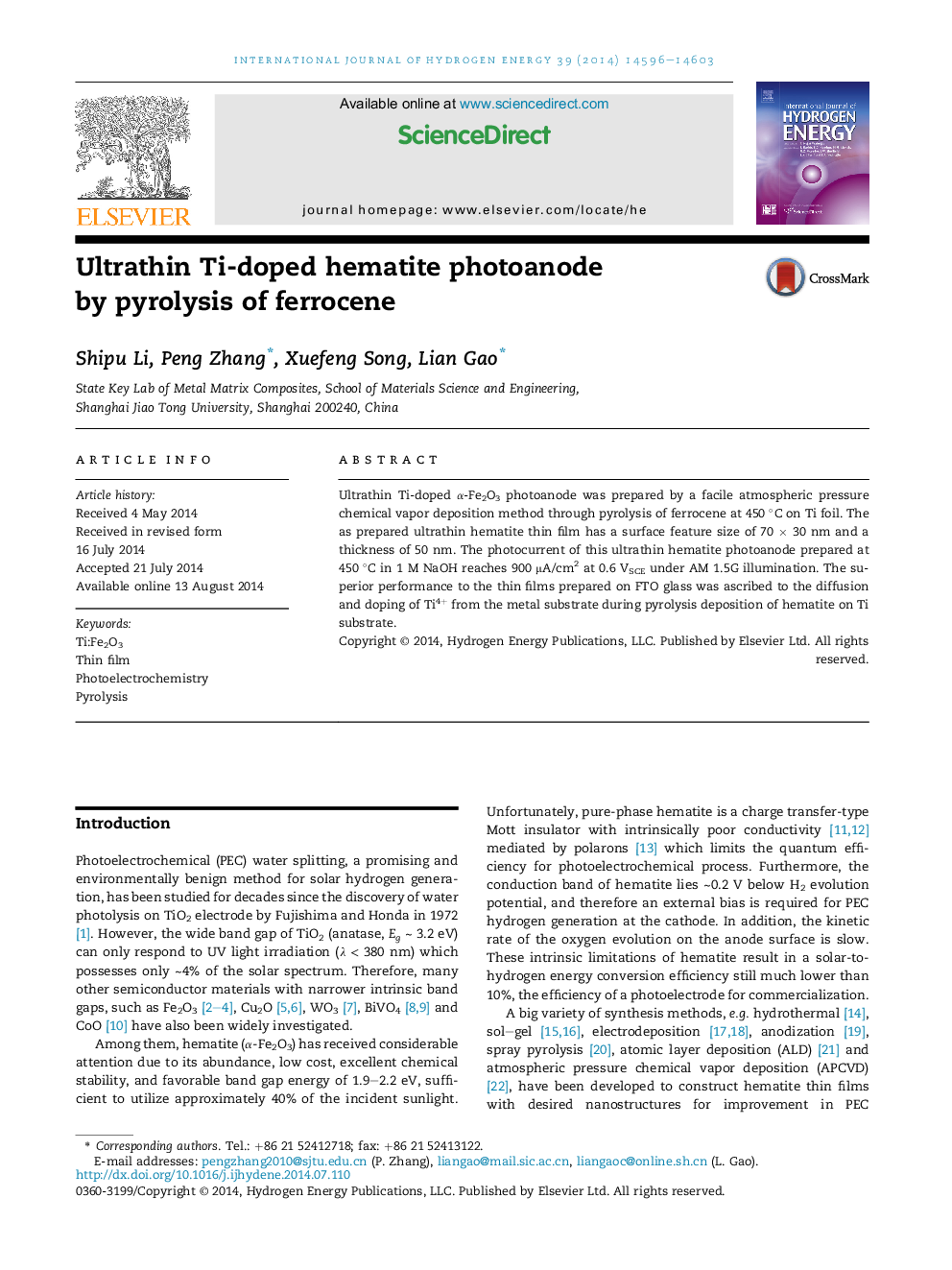 Ultrathin Ti-doped hematite photoanode byÂ pyrolysis of ferrocene