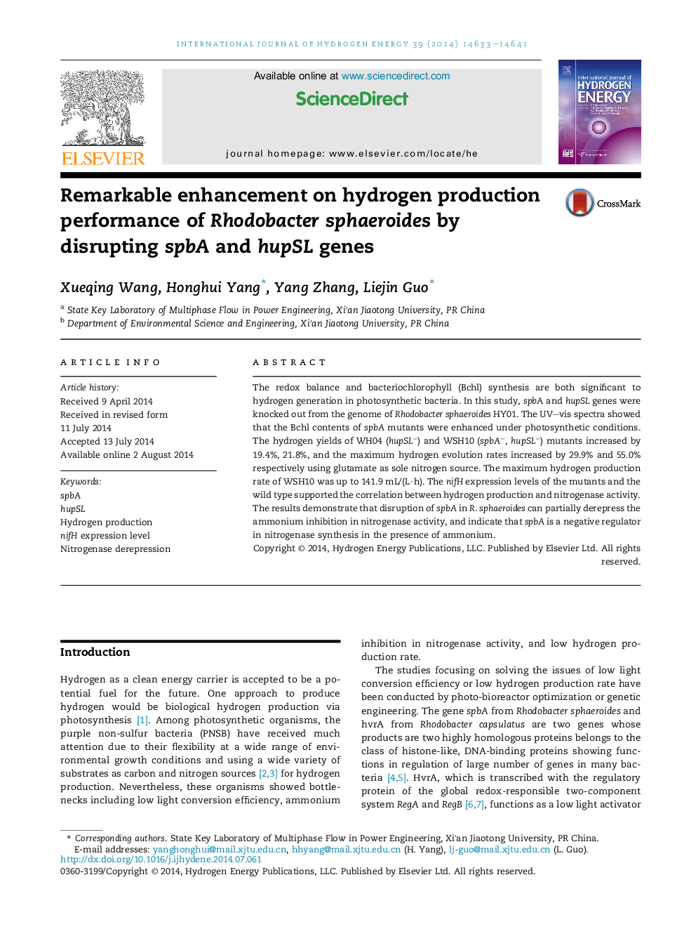 Remarkable enhancement on hydrogen production performance of Rhodobacter sphaeroides by disrupting spbA and hupSL genes