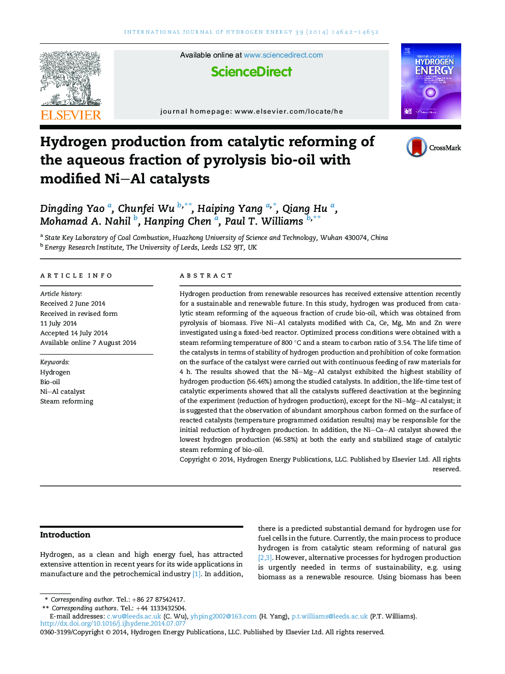 Hydrogen production from catalytic reforming of the aqueous fraction of pyrolysis bio-oil with modified Ni-Al catalysts