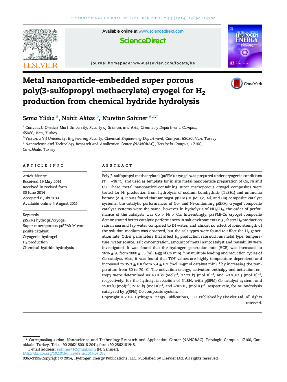 Metal nanoparticle-embedded super porous poly(3-sulfopropyl methacrylate) cryogel for H2 production from chemical hydride hydrolysis