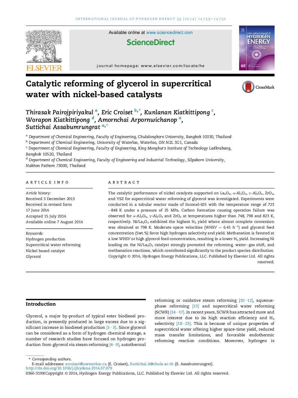 Catalytic reforming of glycerol in supercritical water with nickel-based catalysts