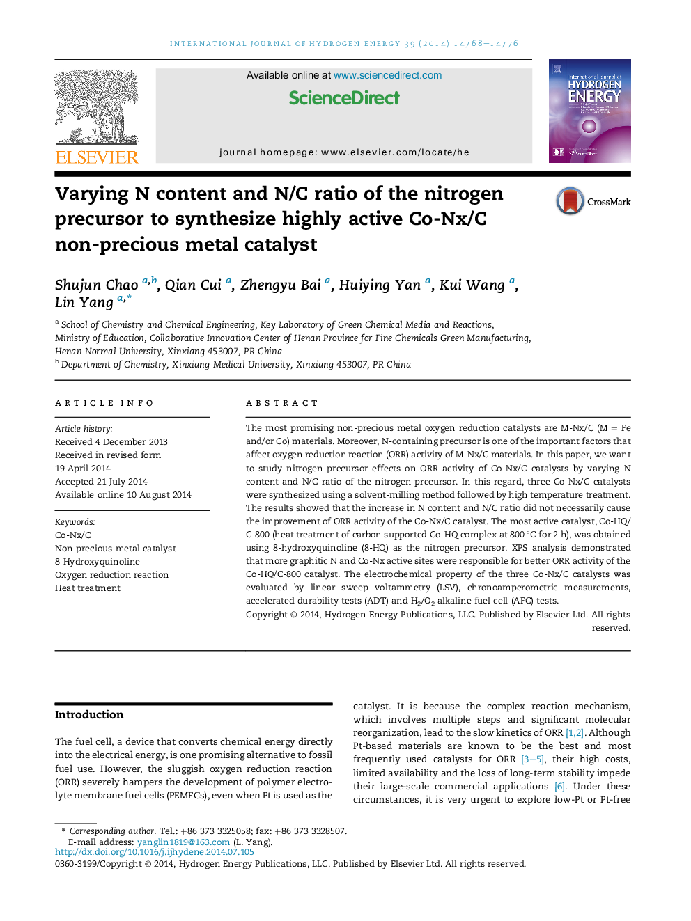 Varying N content and N/C ratio of the nitrogen precursor to synthesize highly active Co-Nx/C non-precious metal catalyst