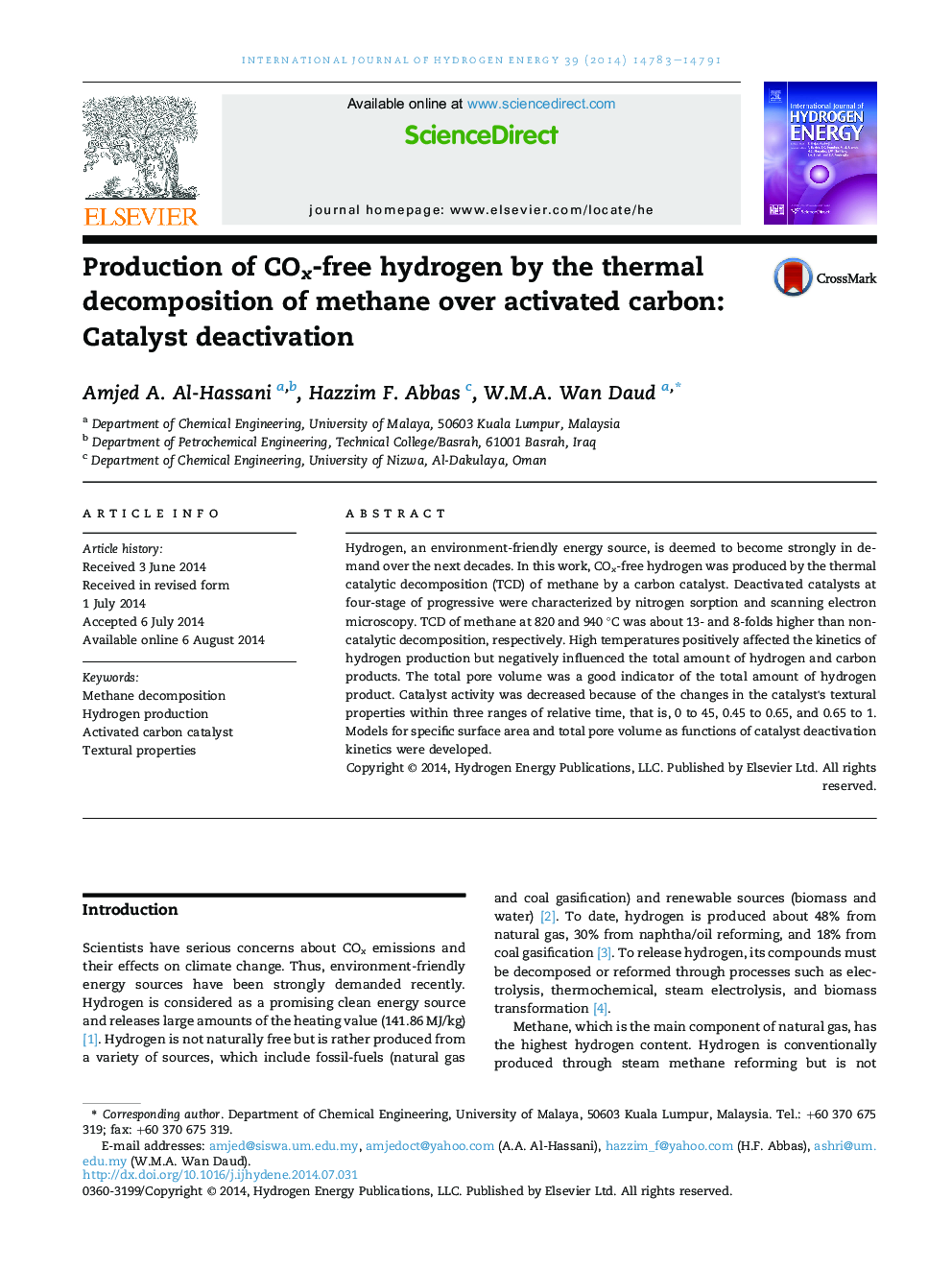 Production of COx-free hydrogen by the thermal decomposition of methane over activated carbon: Catalyst deactivation