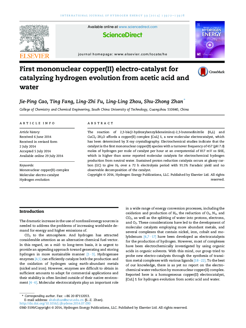 First mononuclear copper(II) electro-catalyst for catalyzing hydrogen evolution from acetic acid and water