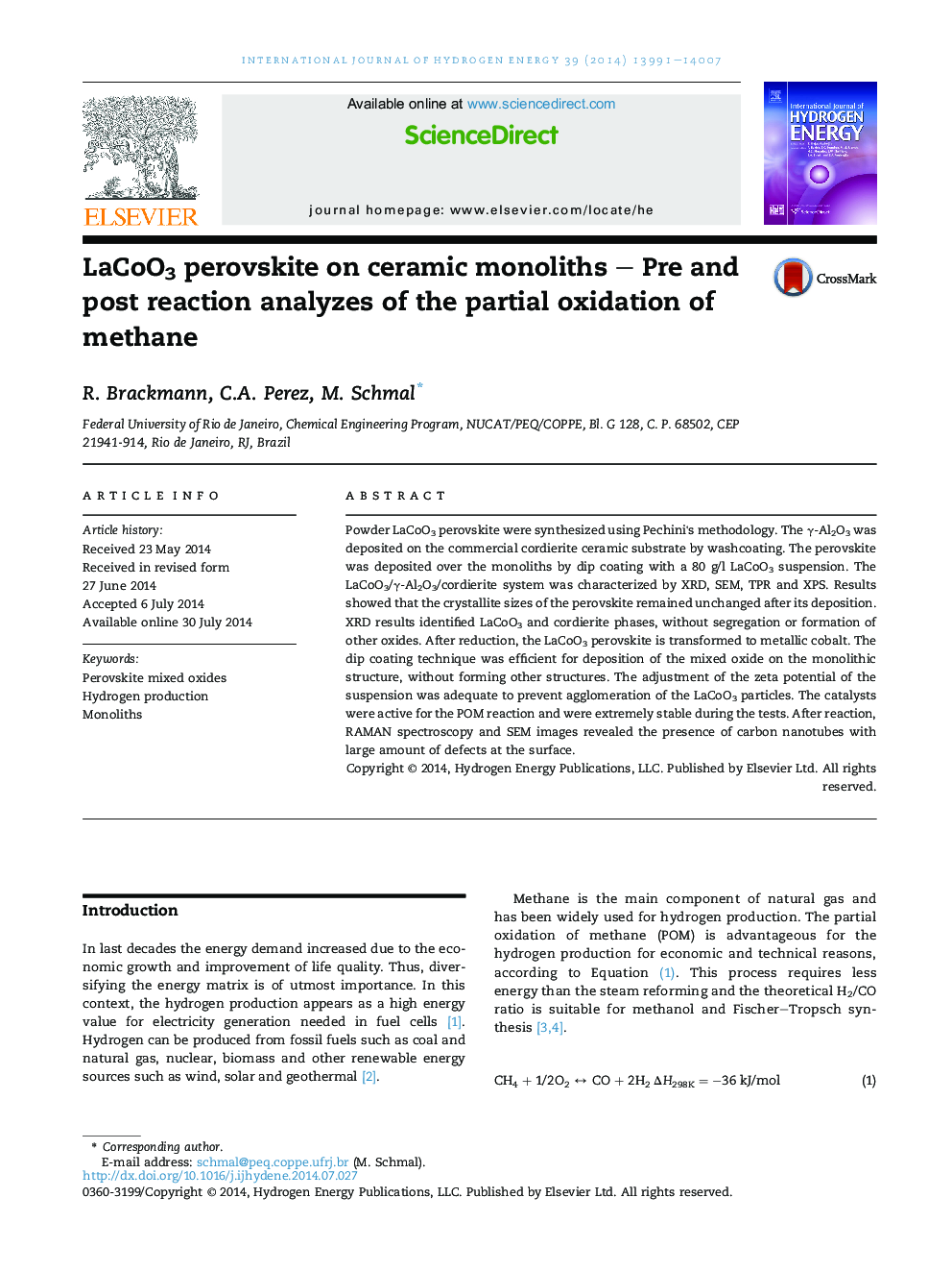 LaCoO3 perovskite on ceramic monoliths - Pre and post reaction analyzes of the partial oxidation of methane