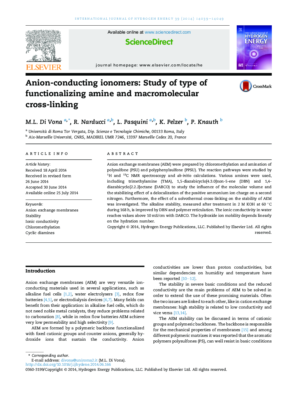 Anion-conducting ionomers: Study of type of functionalizing amine and macromolecular cross-linking