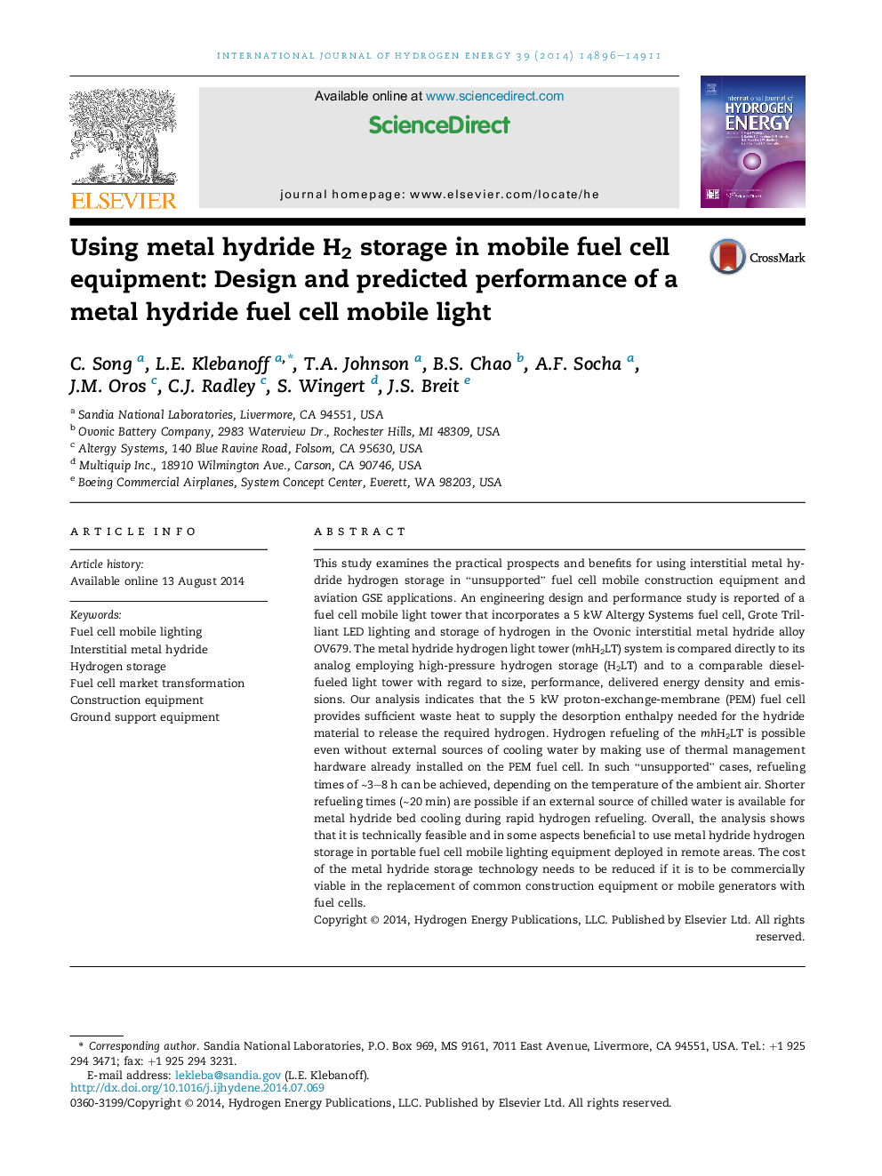 Using metal hydride H2 storage in mobile fuel cell equipment: Design and predicted performance of a metal hydride fuel cell mobile light