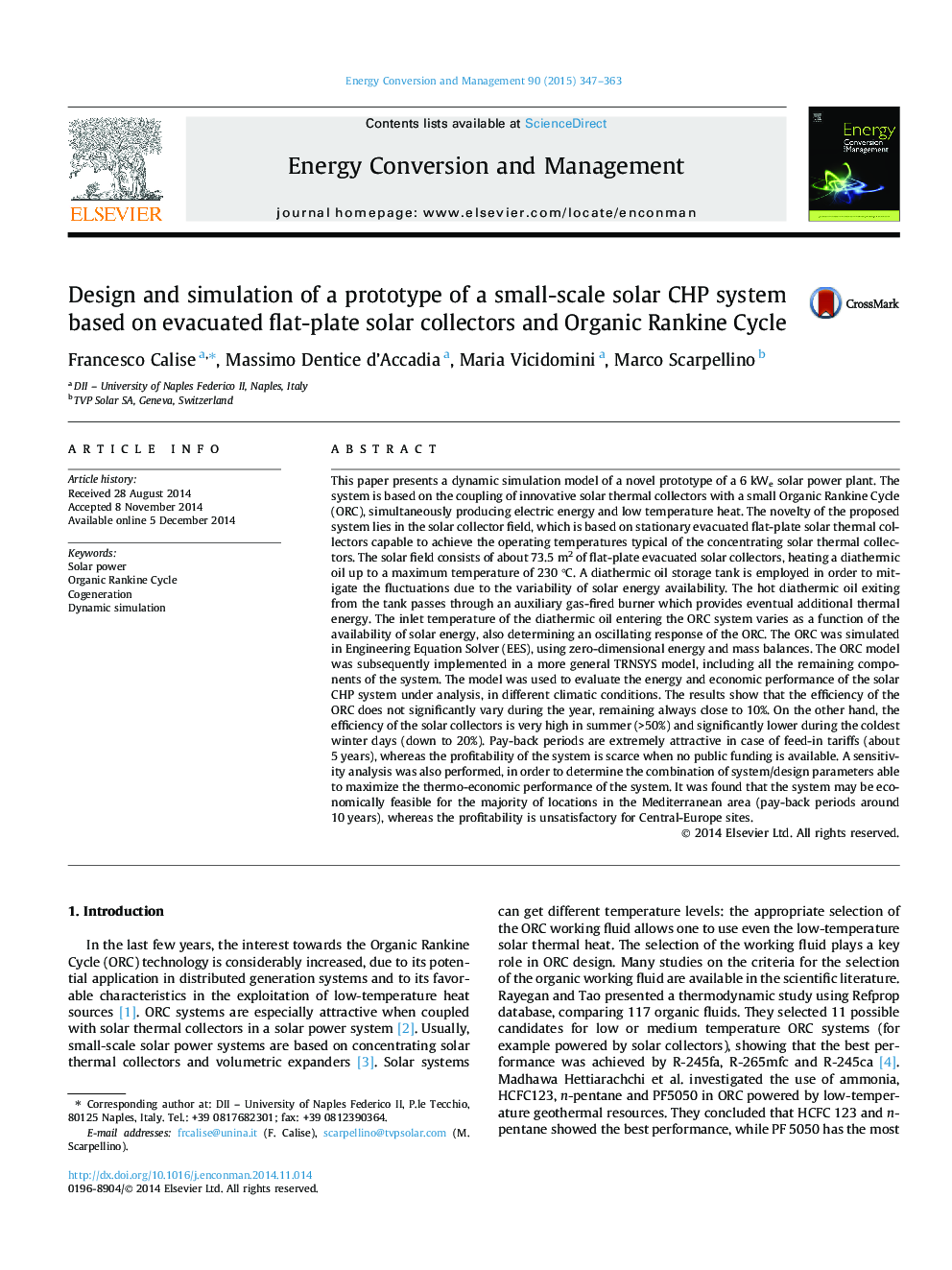 Design and simulation of a prototype of a small-scale solar CHP system based on evacuated flat-plate solar collectors and Organic Rankine Cycle