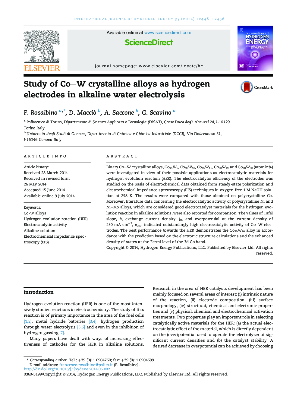 Study of Co-W crystalline alloys as hydrogen electrodes in alkaline water electrolysis