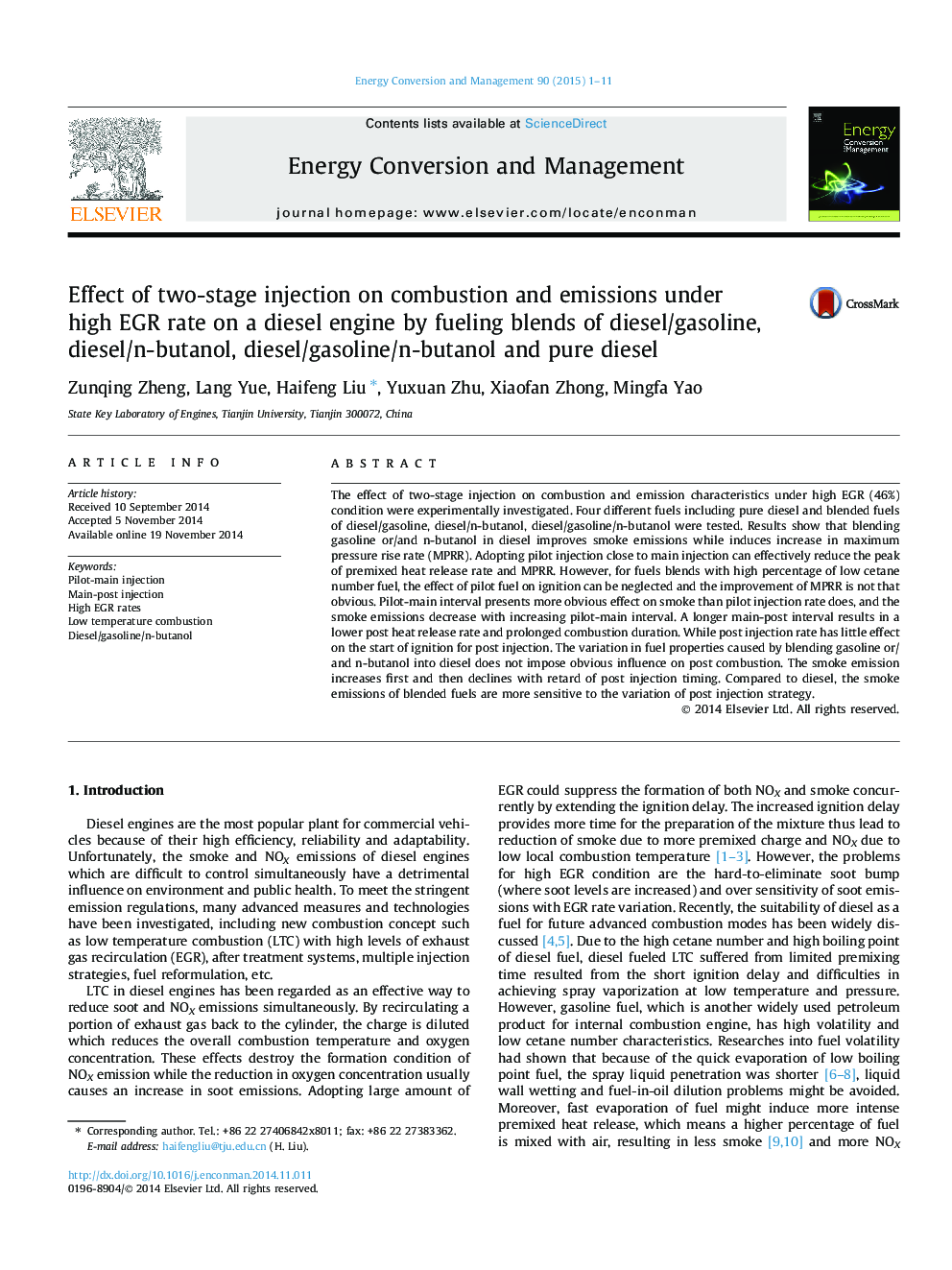 Effect of two-stage injection on combustion and emissions under high EGR rate on a diesel engine by fueling blends of diesel/gasoline, diesel/n-butanol, diesel/gasoline/n-butanol and pure diesel