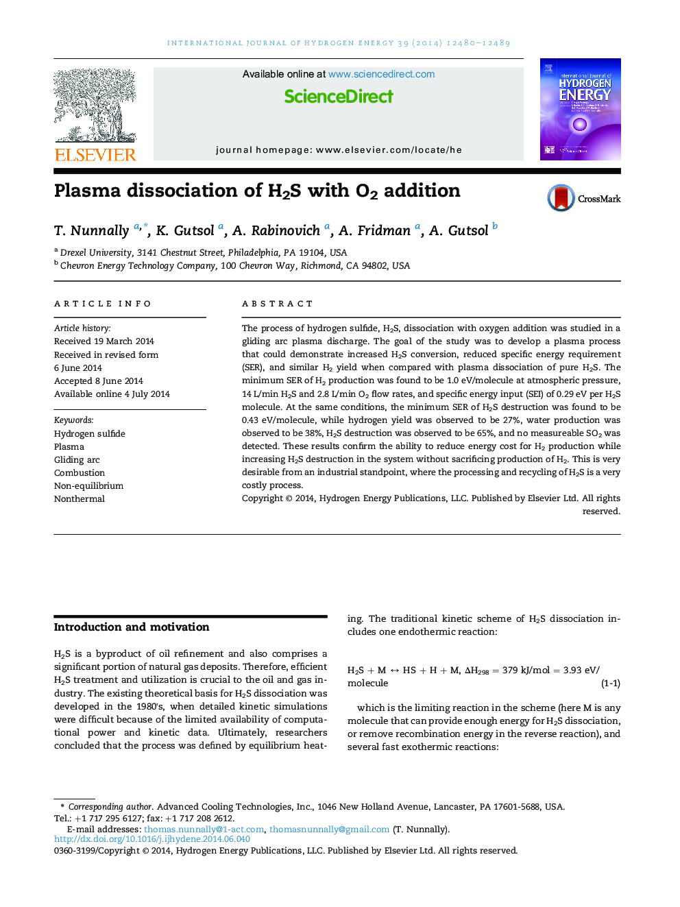 Plasma dissociation of H2S with O2 addition