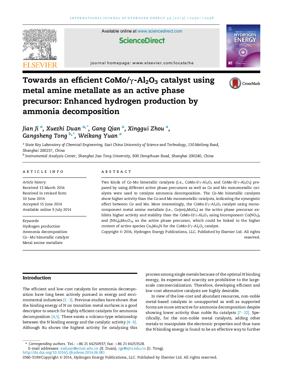 Towards an efficient CoMo/Î³-Al2O3 catalyst using metal amine metallate as an active phase precursor: Enhanced hydrogen production by ammonia decomposition