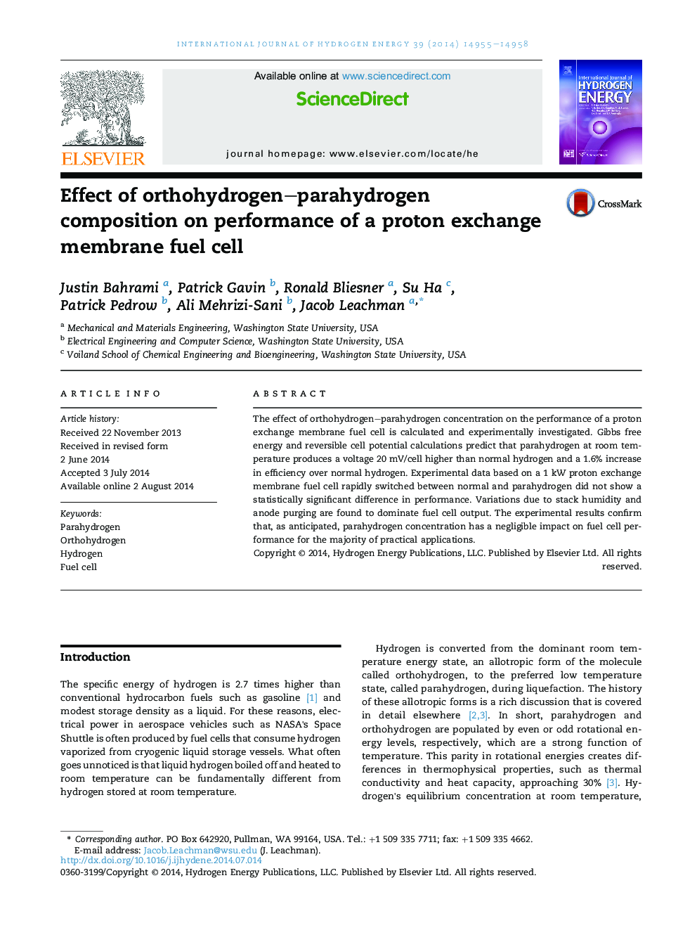 Effect of orthohydrogen-parahydrogen composition on performance of a proton exchange membrane fuel cell