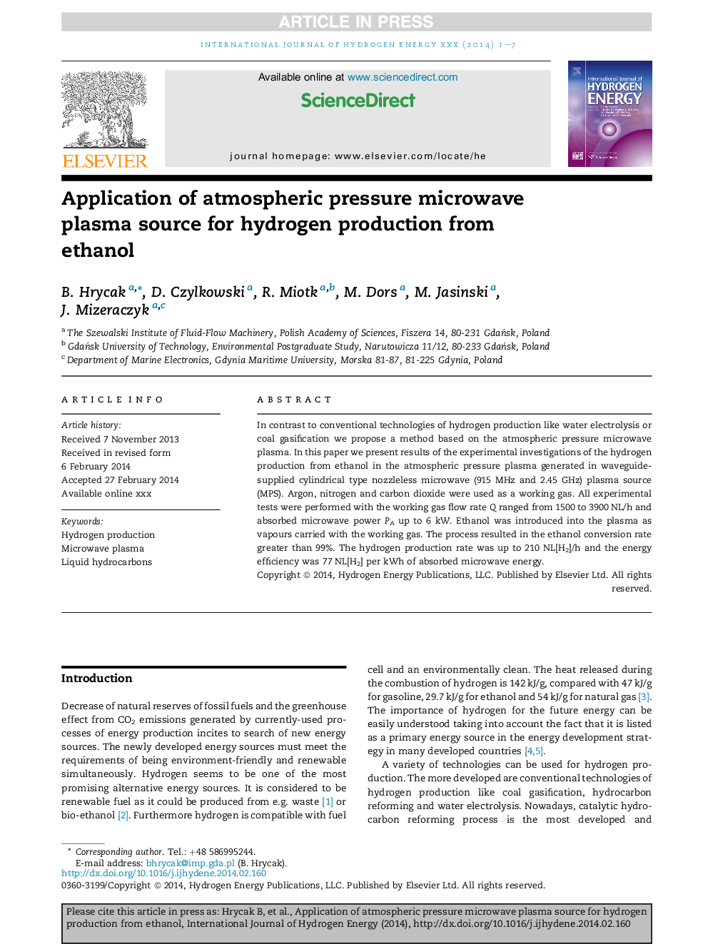 Application of atmospheric pressure microwave plasma source for hydrogen production from ethanol