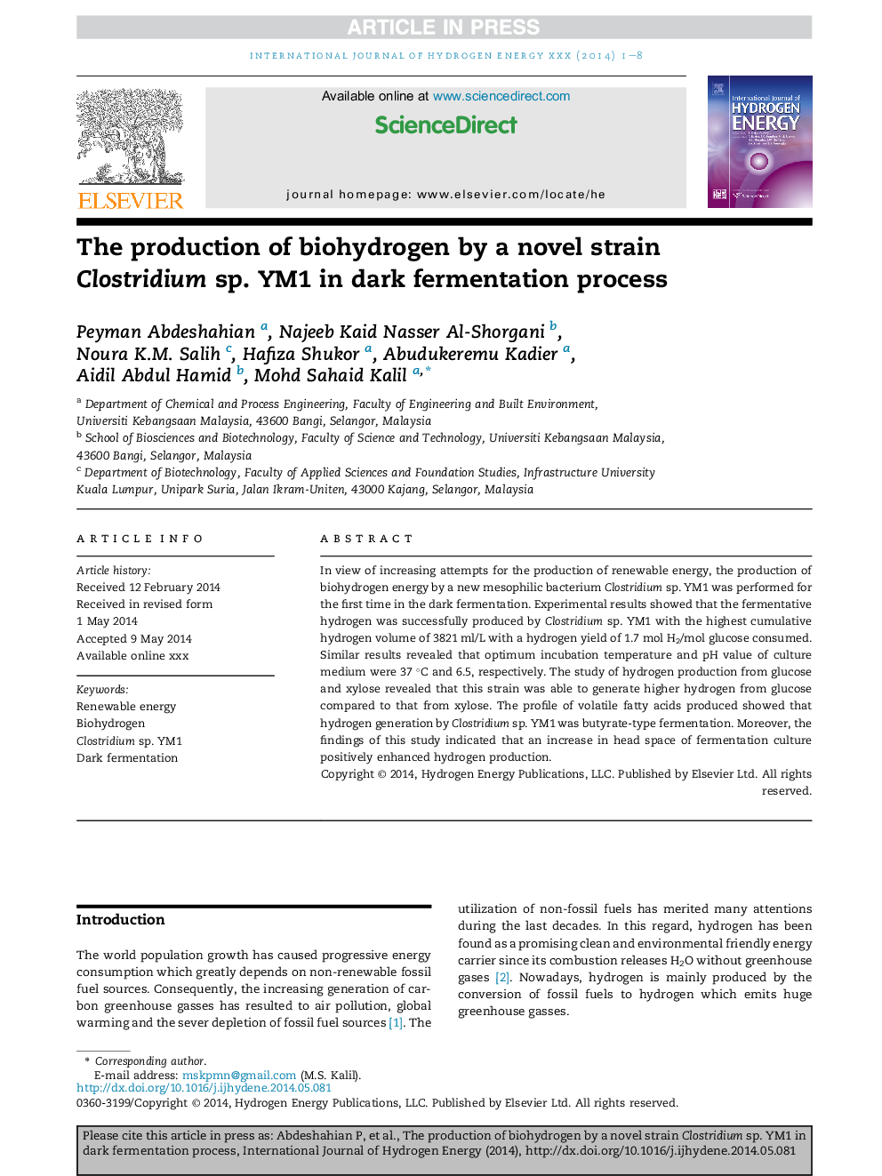 The production of biohydrogen by a novel strain Clostridium sp. YM1 in dark fermentation process