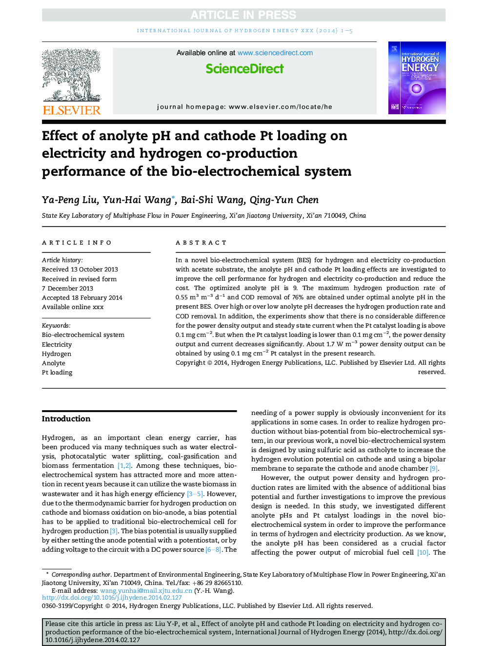 Effect of anolyte pH and cathode Pt loading on electricity and hydrogen co-production performance of the bio-electrochemical system