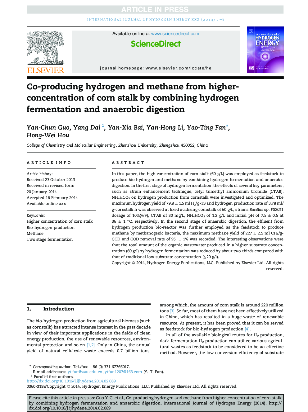 Co-producing hydrogen and methane from higher-concentration of corn stalk by combining hydrogen fermentation and anaerobic digestion