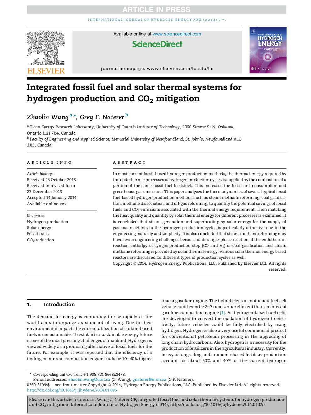 Integrated fossil fuel and solar thermal systems for hydrogen production and CO2 mitigation