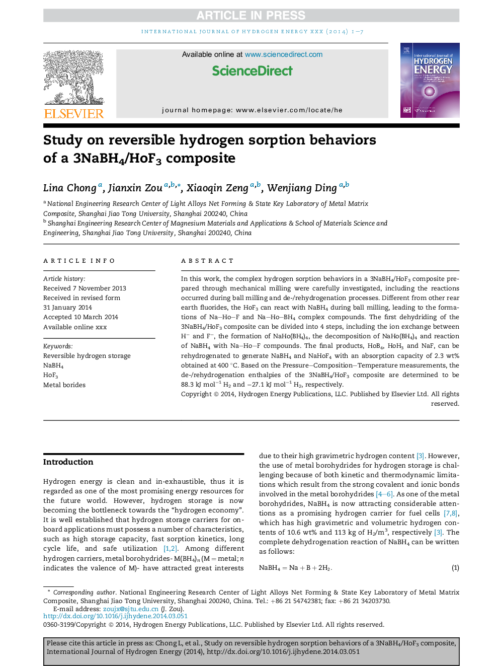 Study on reversible hydrogen sorption behaviors ofÂ a 3NaBH4/HoF3 composite