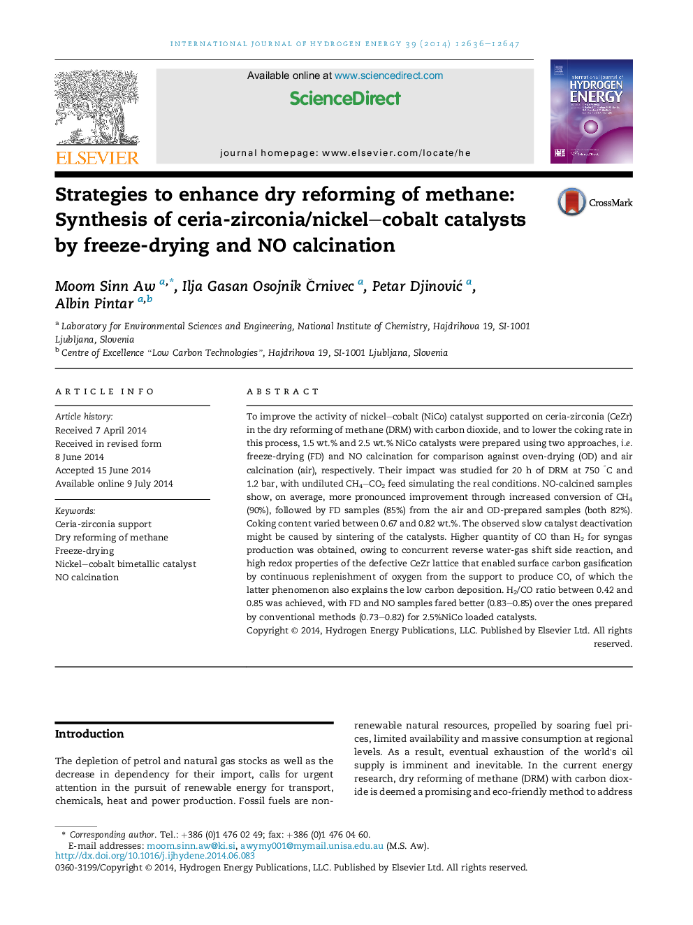 Strategies to enhance dry reforming of methane: Synthesis of ceria-zirconia/nickel-cobalt catalysts by freeze-drying and NO calcination