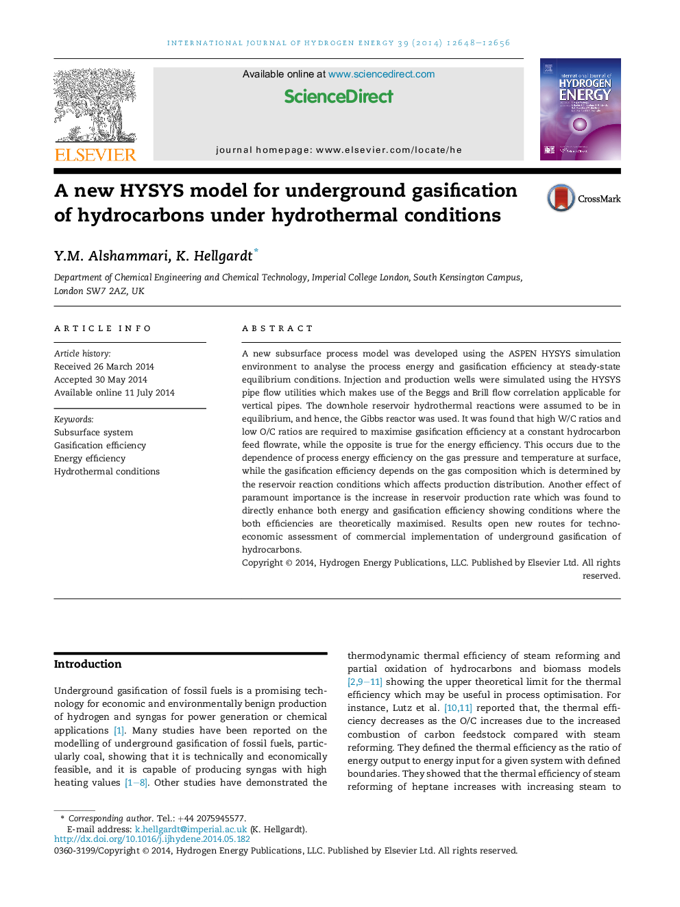 A new HYSYS model for underground gasification of hydrocarbons under hydrothermal conditions