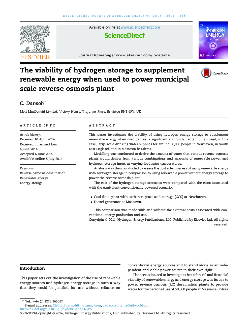 The viability of hydrogen storage to supplement renewable energy when used to power municipal scale reverse osmosis plant