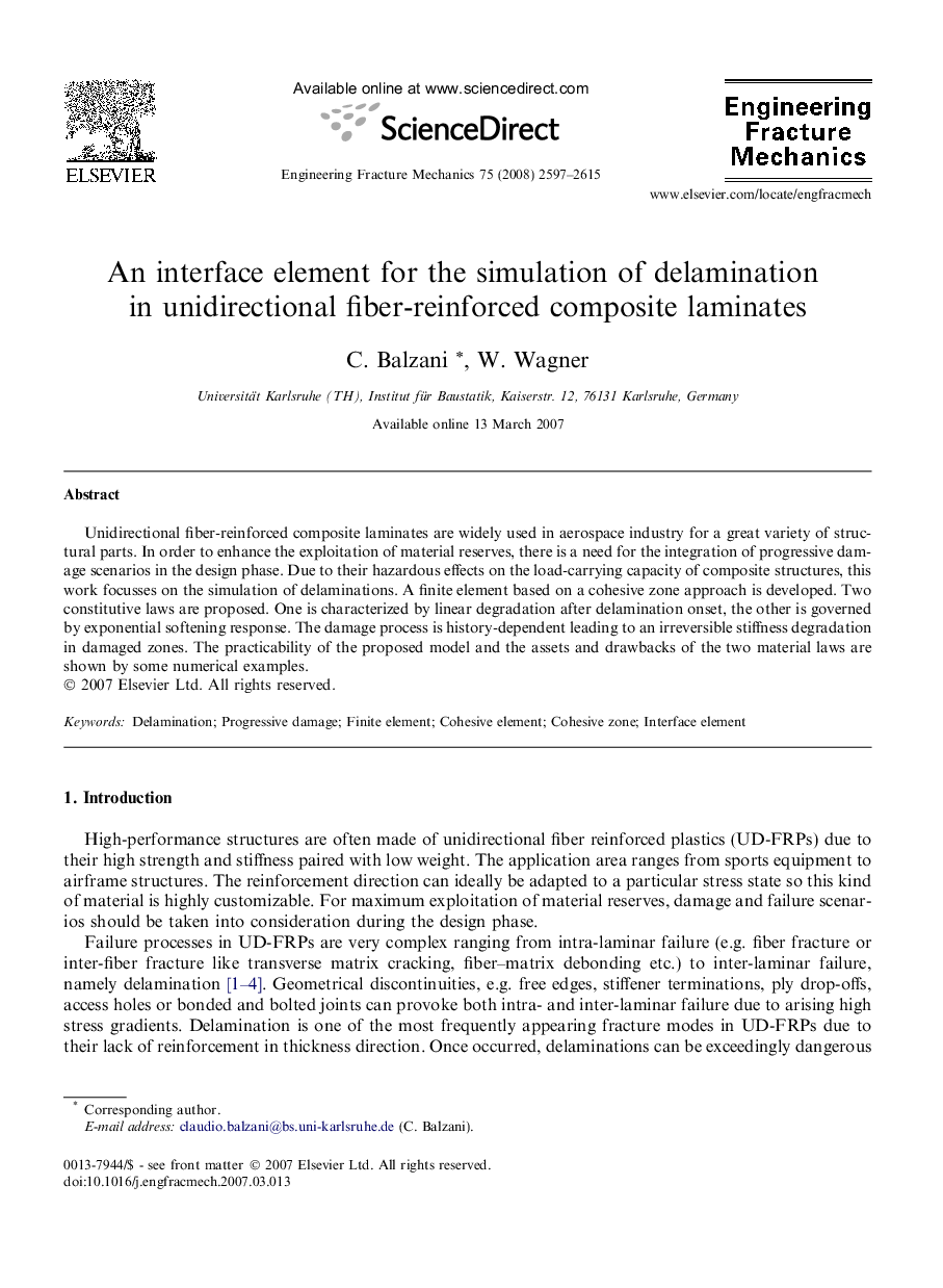 An interface element for the simulation of delamination in unidirectional fiber-reinforced composite laminates