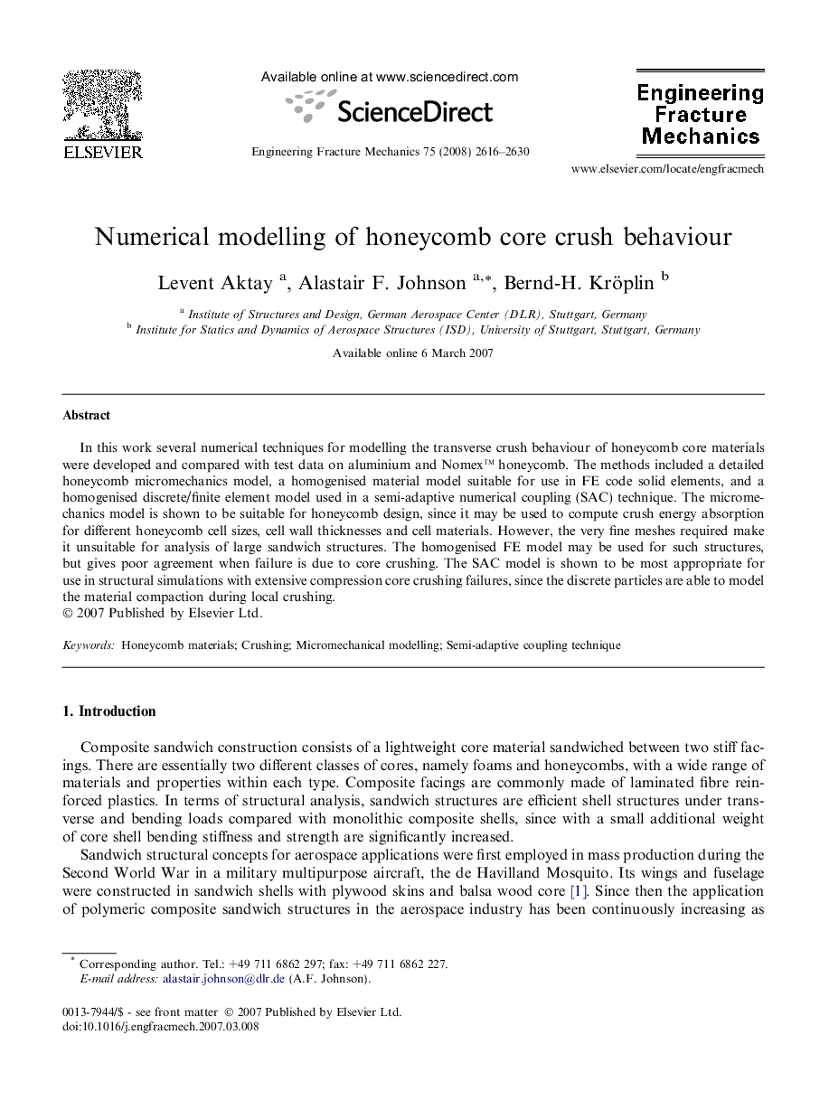 Numerical modelling of honeycomb core crush behaviour