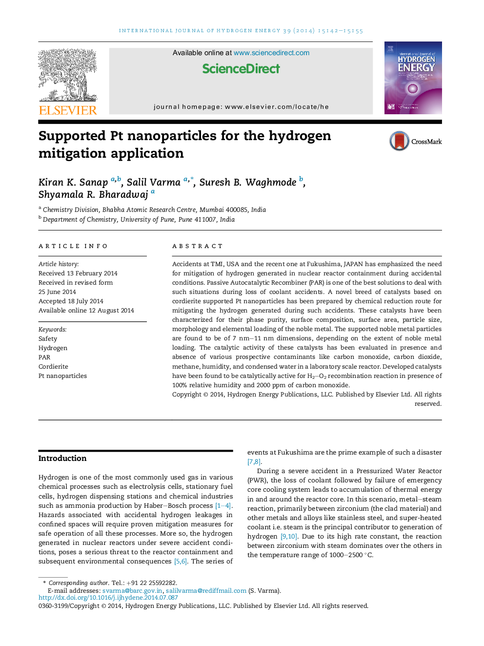 Supported Pt nanoparticles for the hydrogen mitigation application