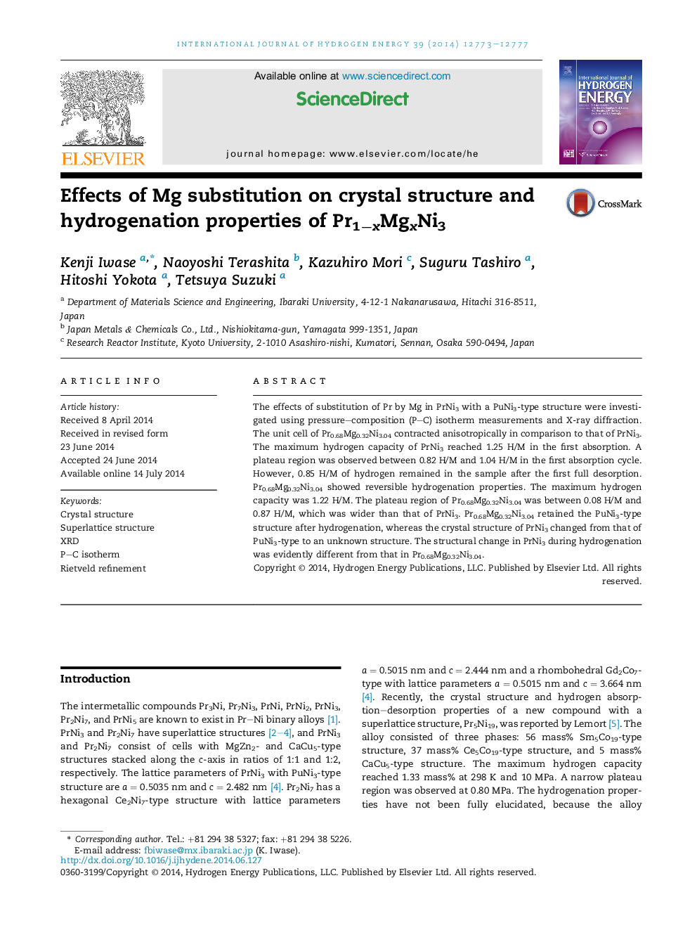 Effects of Mg substitution on crystal structure and hydrogenation properties of Pr1âxMgxNi3