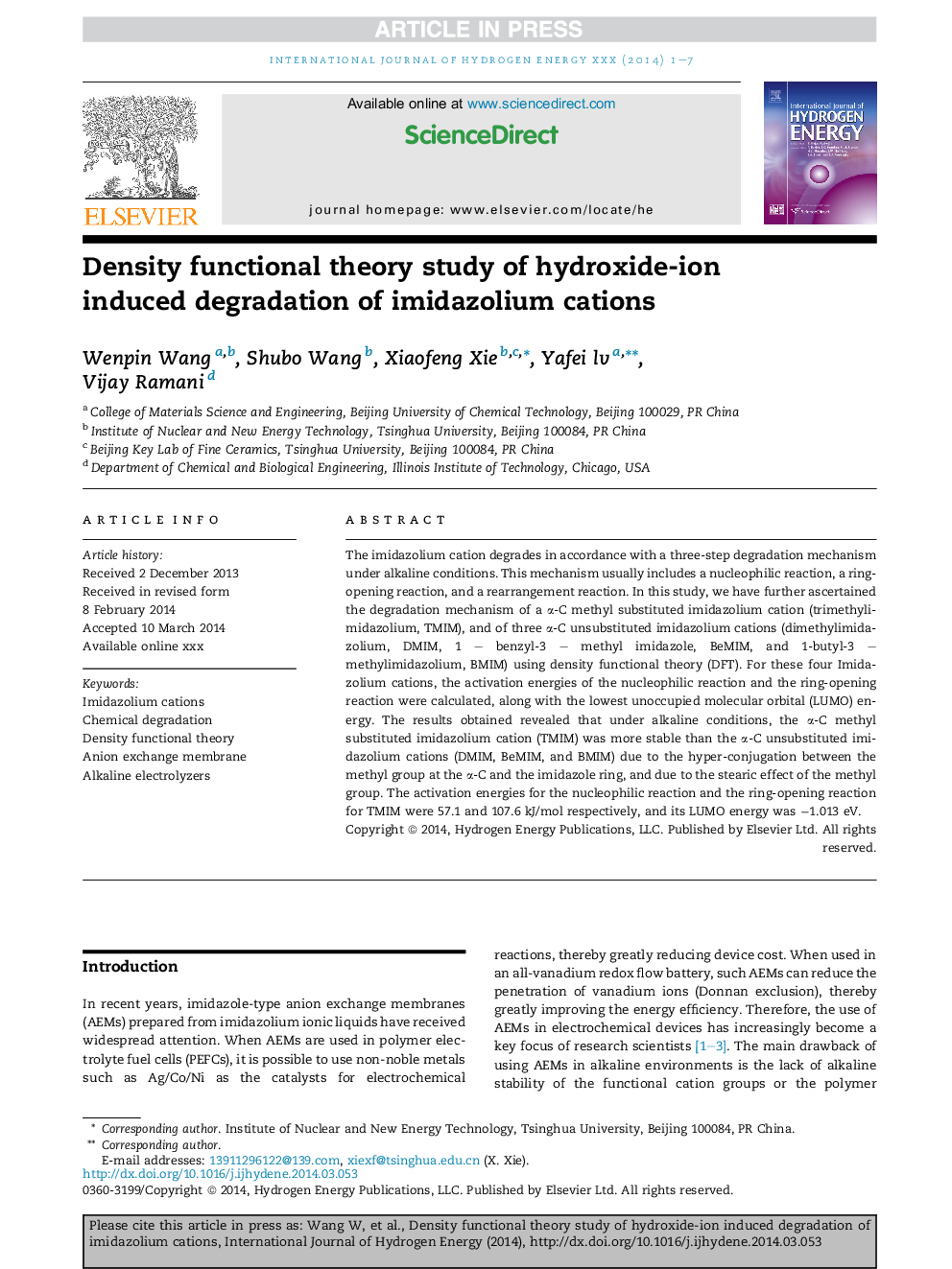 Density functional theory study of hydroxide-ion induced degradation of imidazolium cations