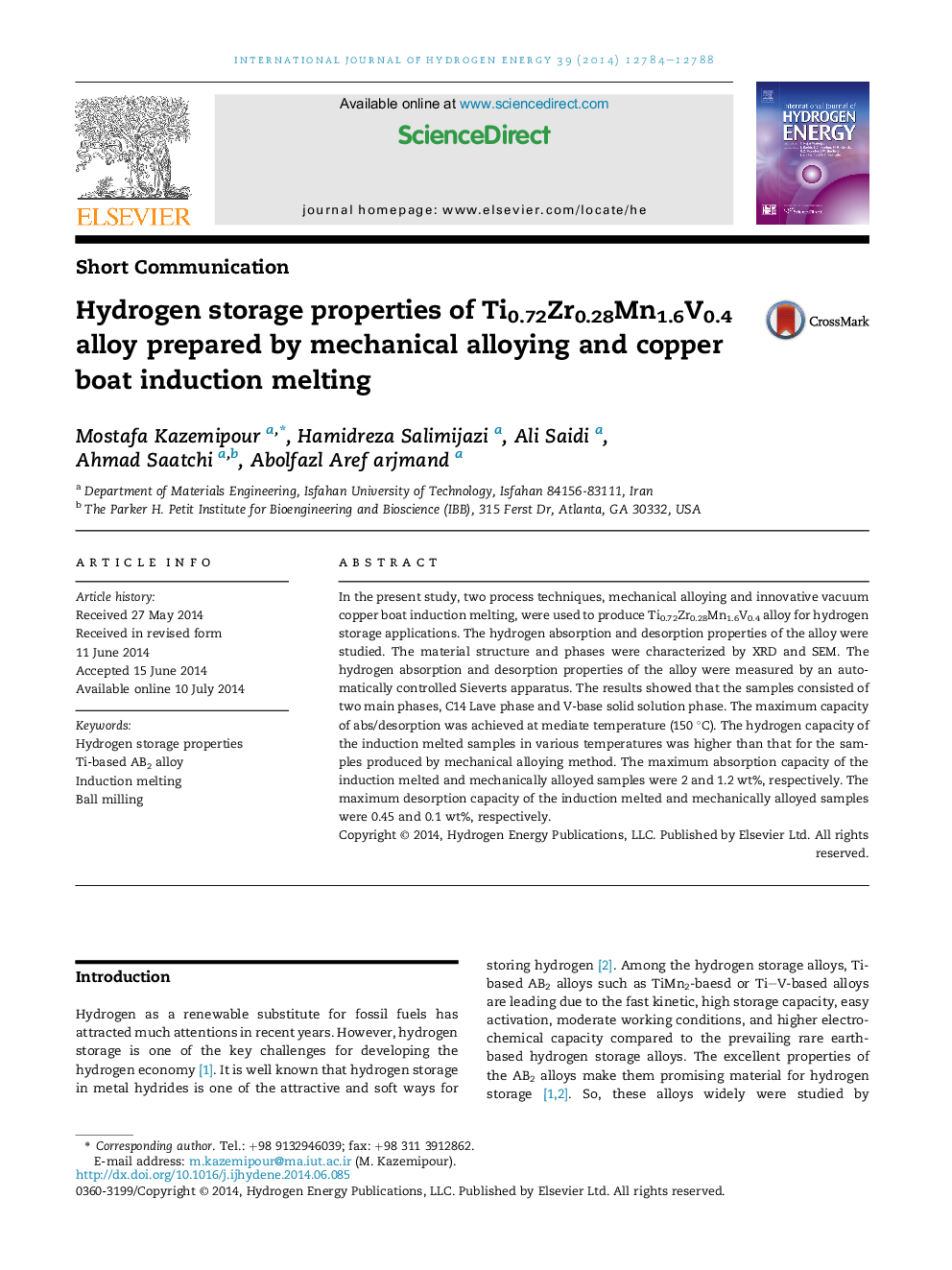 Hydrogen storage properties of Ti0.72Zr0.28Mn1.6V0.4 alloy prepared by mechanical alloying and copper boat induction melting