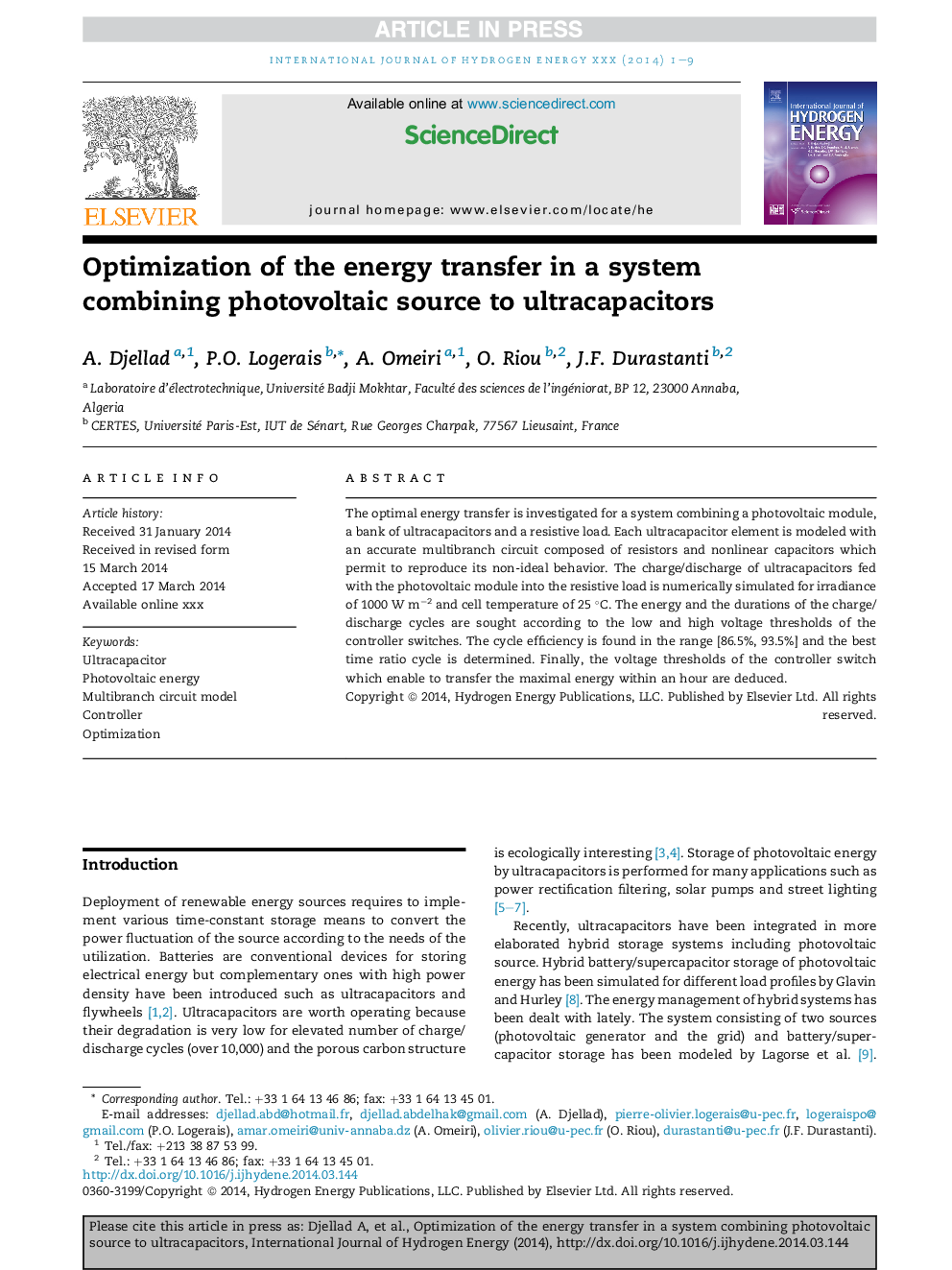 Optimization of the energy transfer in a system combining photovoltaic source to ultracapacitors