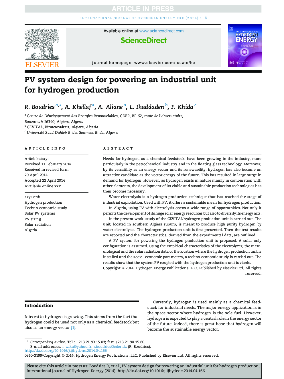 PV system design for powering an industrial unit for hydrogen production