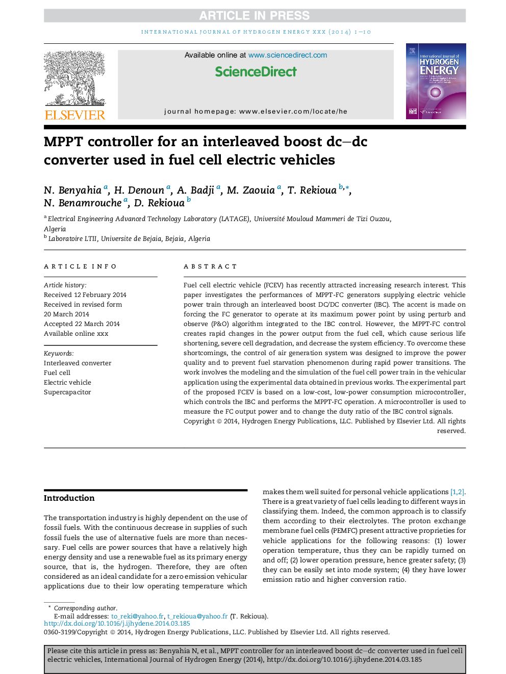 MPPT controller for an interleaved boost dc-dc converter used in fuel cell electric vehicles