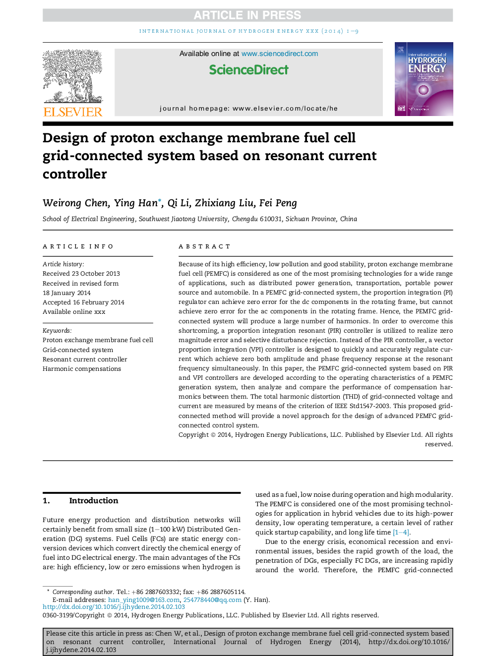 Design of proton exchange membrane fuel cell grid-connected system based on resonant current controller