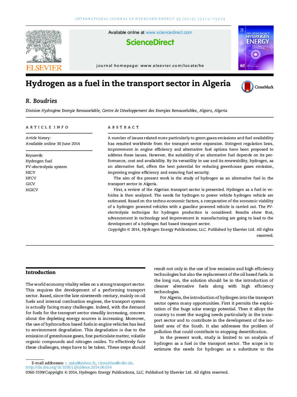 Hydrogen as a fuel in the transport sector in Algeria