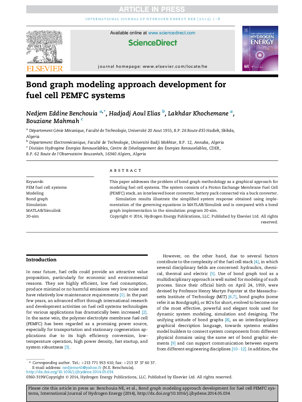 Bond graph modeling approach development for fuel cell PEMFC systems