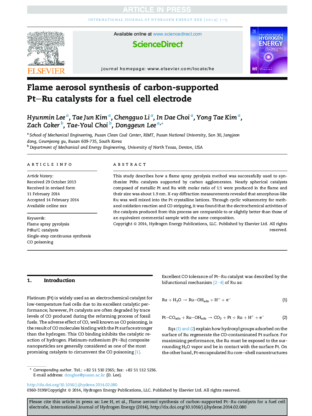 Flame aerosol synthesis of carbon-supported Pt-Ru catalysts for a fuel cell electrode