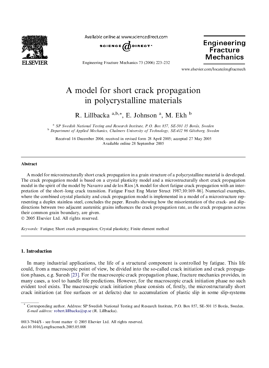 A model for short crack propagation in polycrystalline materials