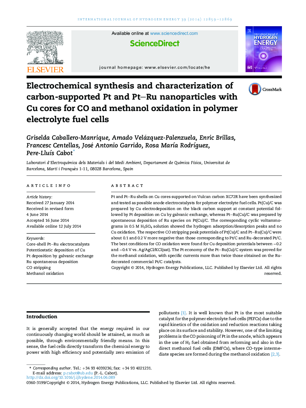 Electrochemical synthesis and characterization of carbon-supported Pt and Pt-Ru nanoparticles with Cu cores for CO and methanol oxidation in polymer electrolyte fuel cells